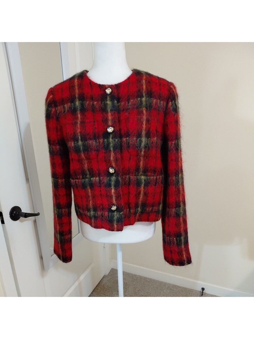 LRL RALPH LAUREN Women’s 8 Red Tartan Plaid Mohair Wool Cropped Jacket #1082